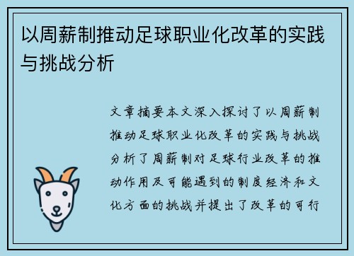 以周薪制推动足球职业化改革的实践与挑战分析