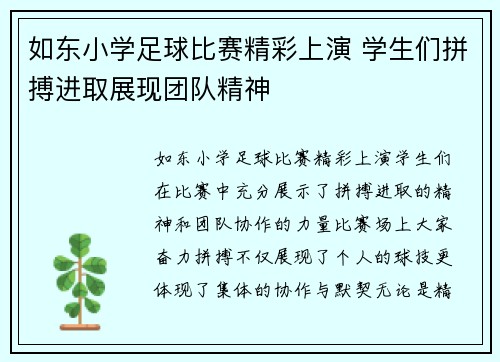 如东小学足球比赛精彩上演 学生们拼搏进取展现团队精神
