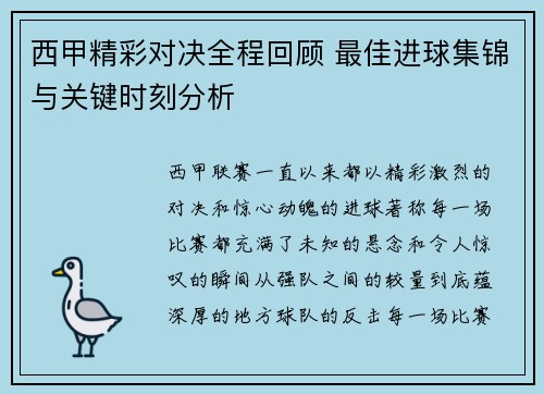 西甲精彩对决全程回顾 最佳进球集锦与关键时刻分析