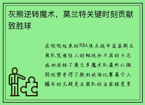 灰熊逆转魔术,莫兰特关键时刻贡献致胜球