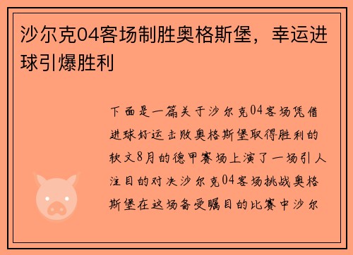 沙尔克04客场制胜奥格斯堡,幸运进球引爆胜利