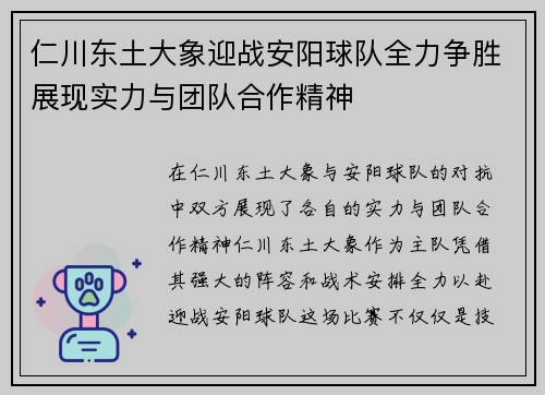 仁川东土大象迎战安阳球队全力争胜展现实力与团队合作精神