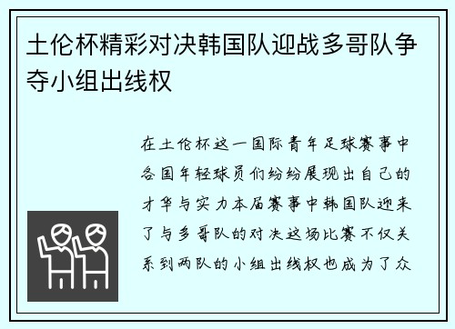 土伦杯精彩对决韩国队迎战多哥队争夺小组出线权