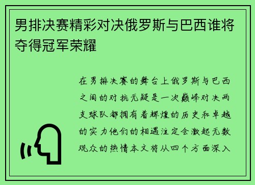 男排决赛精彩对决俄罗斯与巴西谁将夺得冠军荣耀