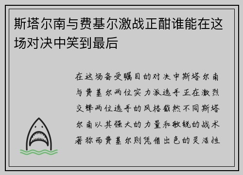 斯塔尔南与费基尔激战正酣谁能在这场对决中笑到最后