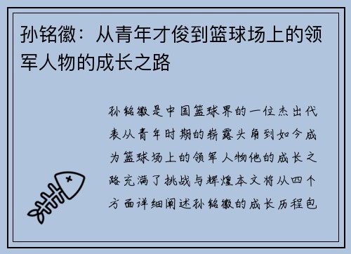 孙铭徽:从青年才俊到篮球场上的领军人物的成长之路
