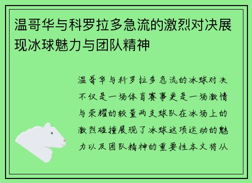温哥华与科罗拉多急流的激烈对决展现冰球魅力与团队精神