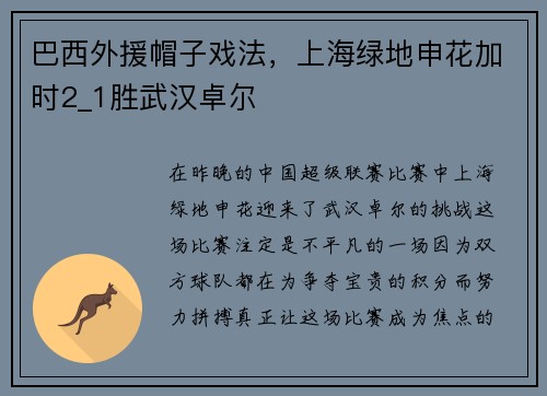 巴西外援帽子戏法，上海绿地申花加时2_1胜武汉卓尔