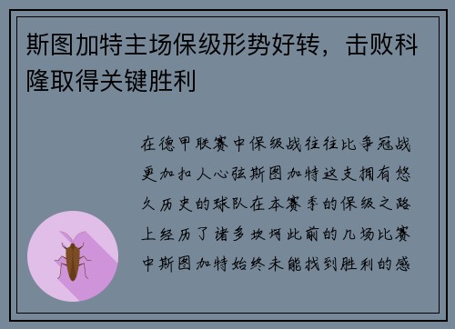 斯图加特主场保级形势好转,击败科隆取得关键胜利