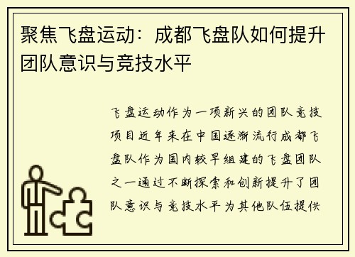 聚焦飞盘运动：成都飞盘队如何提升团队意识与竞技水平